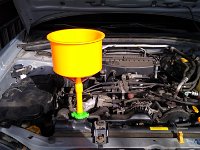 20200829 161913  Refilling with fresh Subaru coolant, using the funnel to ensure it is burped and no mess.